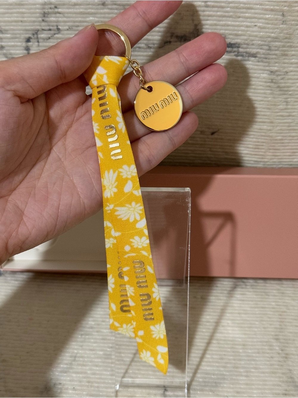 Miu Miu Beauty Yellow with Daisy Flower Design Ribbon Keychain with Gold Charm - Picture 4 of 7